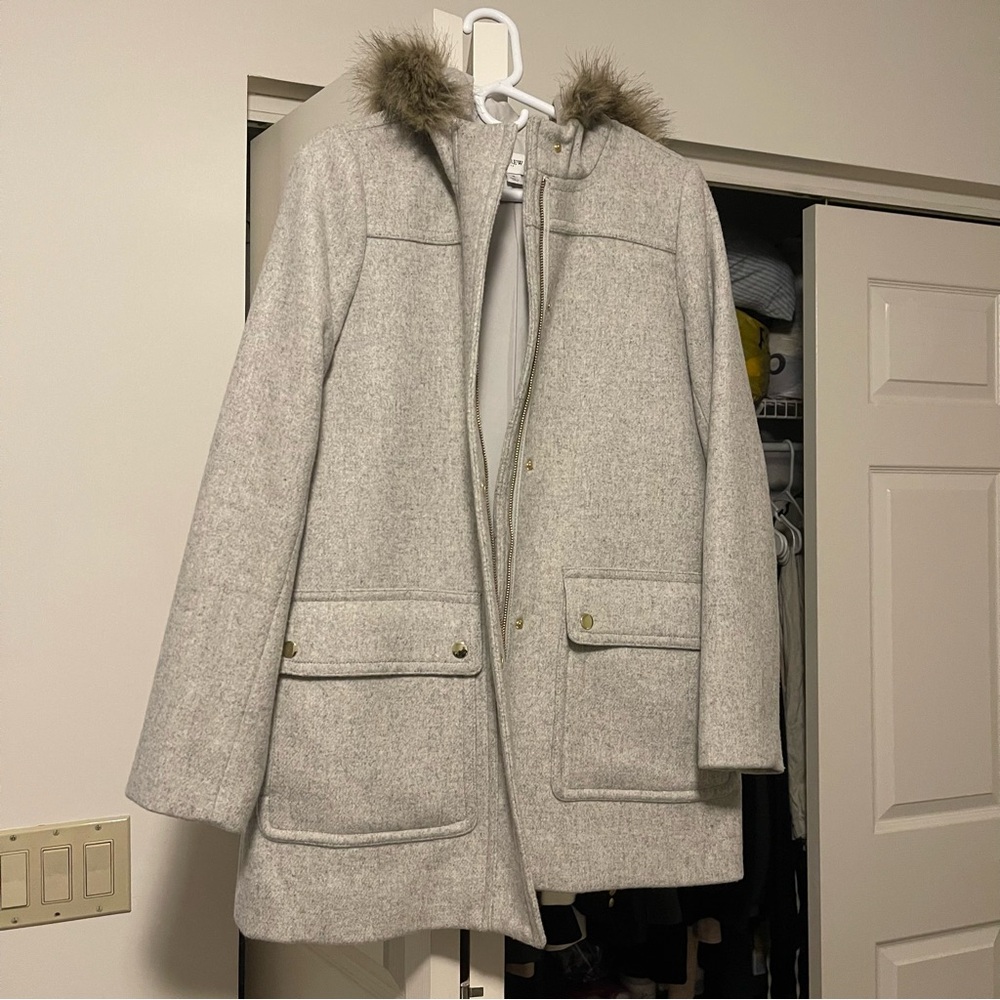 J. Crew Light Gray Heather Dusk Vail Parka Coat with Faux Fur Trim size 4